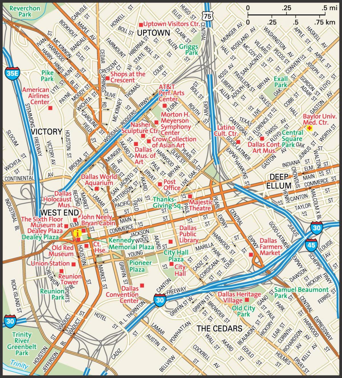karta över centrala Dallas gatorna